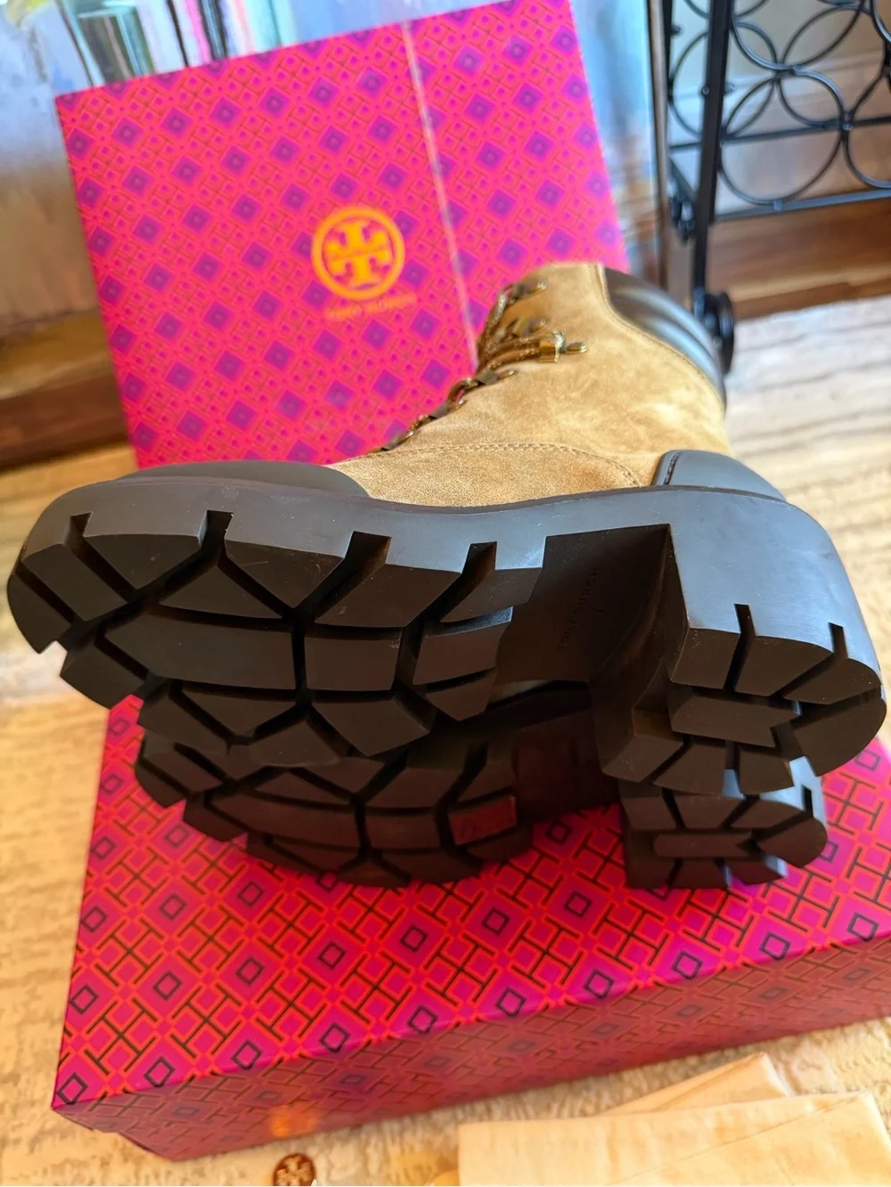 Tory Burch Suede Lug Sole Lace-Up Hiker Ankle Boots